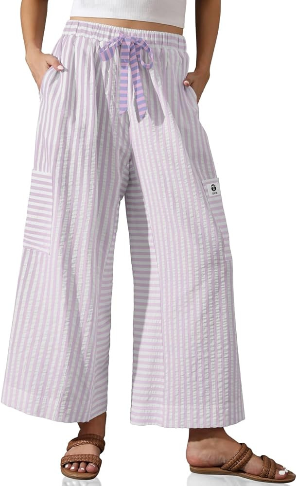 TARSE Women’s Striped Wide Leg Pants Drawstring Casual Boho Palazzo Pants Loose Lounge Beach Va... | Amazon (US)