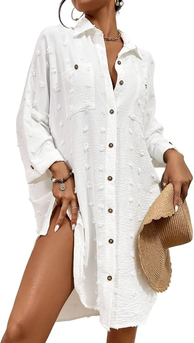 Bsubseach Women Swimsuit Coverup Button Down Shirt Dresses Swiss Dot Tops | Amazon (US)