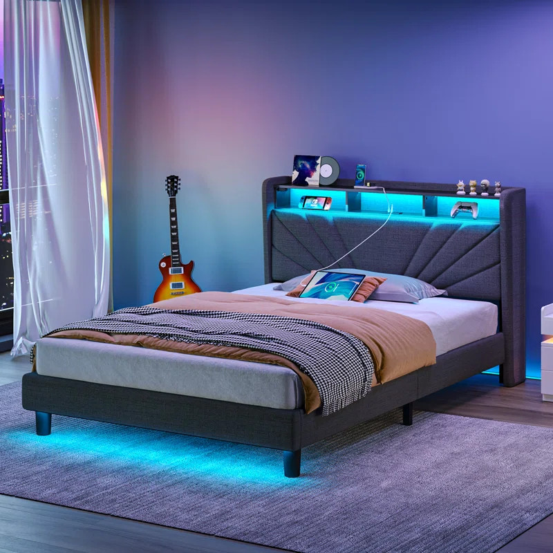 Karo Upholstered Metal Wingback Storage Bed with Headboard, Charging Station and LED Lights | Wayfair North America