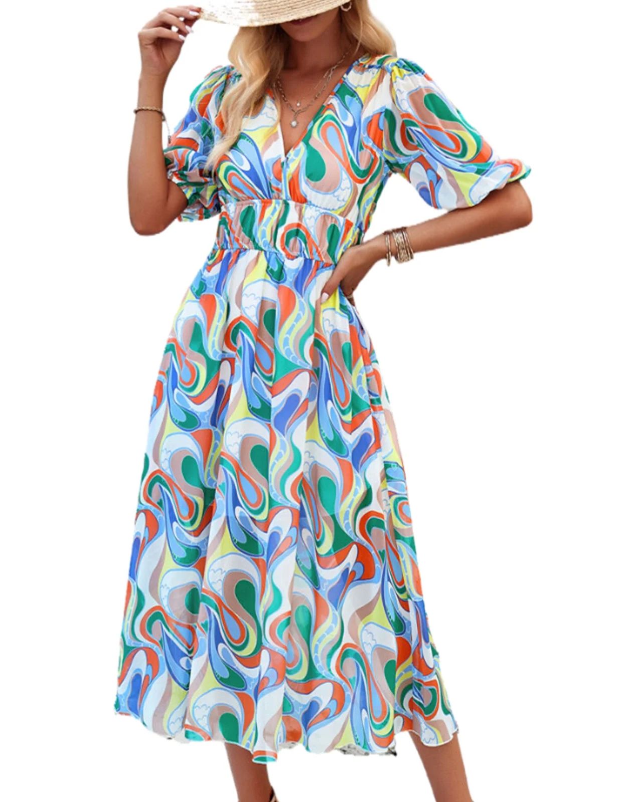 Alsol Lamesa V Neck Summer Dress for Women Short Lantern Sleeve Casual Loose Boho Vintage Print M... | Walmart (US)