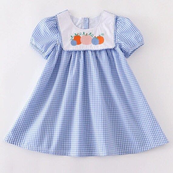 Adorable Embroidered Pumpkin Blue Gingham Dress - Etsy | Etsy (US)