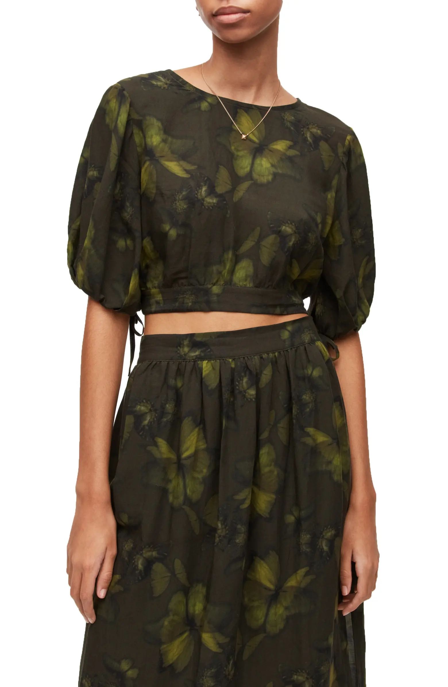 Puff Sleeve Butterfly Print Crop Top | Nordstrom
