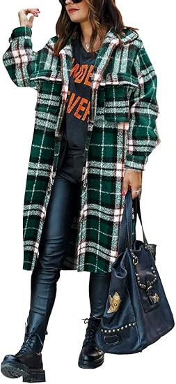 Yousify Womens Oversize Plaid Lapel Brushed Button Down Pocketed Long Shirt Jacket Shacket Coat | Amazon (US)