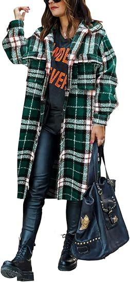 Yousify Womens Oversize Plaid Lapel Brushed Button Down Pocketed Long Shirt Jacket Shacket Coat | Amazon (US)