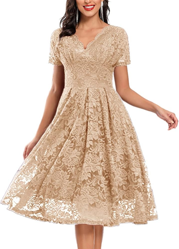 ADEWEL Women's Vintage Floral Lace Cocktail Party Dress Fit and Flare Prom Dress Midi Dress Party Mi | Amazon (US)