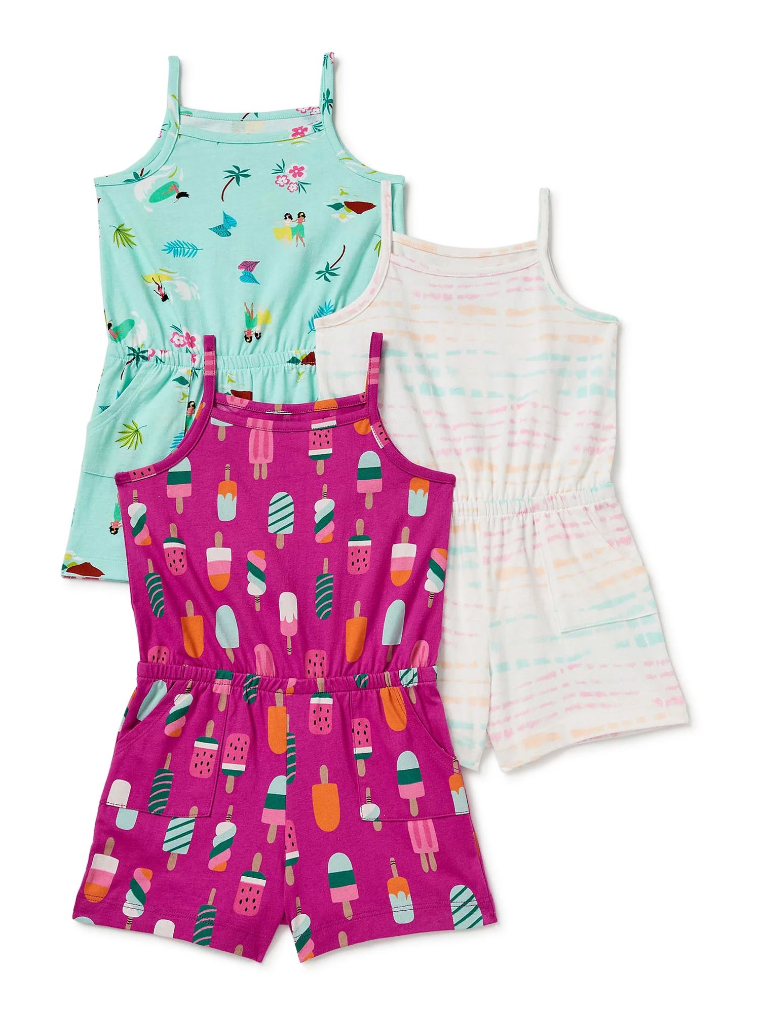 Wonder Nation Baby and Toddler Girls' Printed & Solid Rompers, 3 pack | Walmart (US)