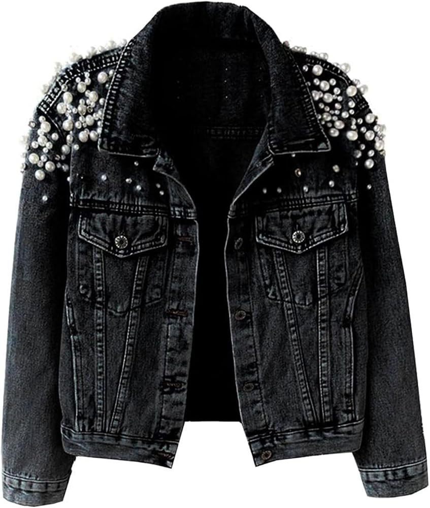 FantasyGears Women's Jeans Jacket Rhinestone Pearl Denim Jacket Embroidered Oversized Plus Size J... | Amazon (US)