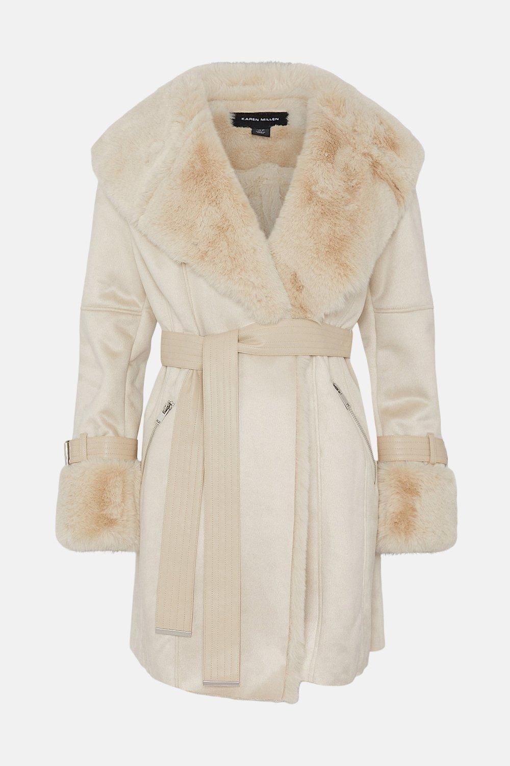 Mock Shearling Fur Cuff Belted Coat | Karen Millen US