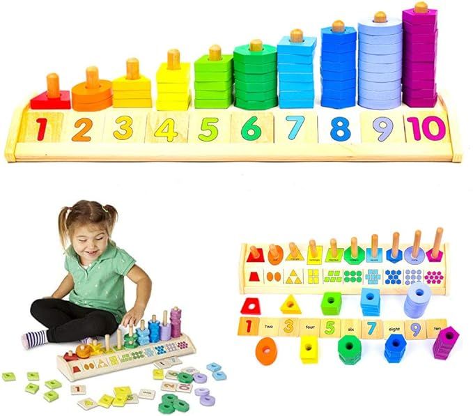 Melissa & Doug Counting Shape Stacker - Wooden Educational Toy With 55 Shapes and 10 Number Tiles | Amazon (US)