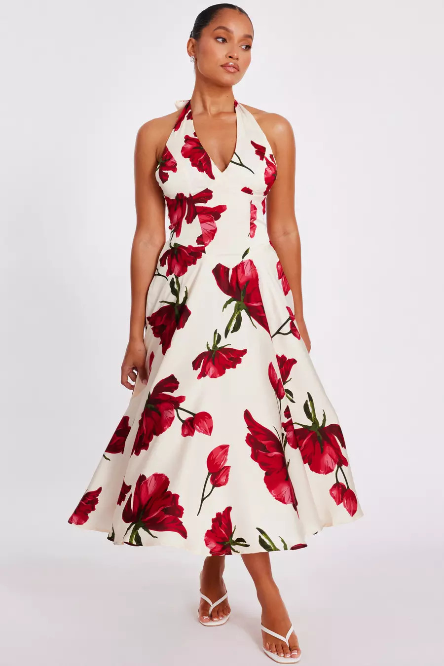 Petite Cream Satin Rose Print Midi Dress | Quiz Clothing