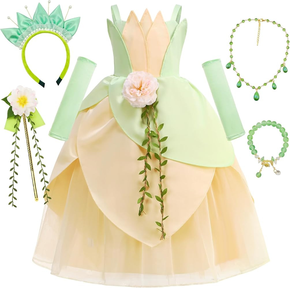 Princess Cosplay Frog Dress Costume Girls Fairy Ball Gown Headband Oversleeves Set Halloween Part... | Amazon (US)