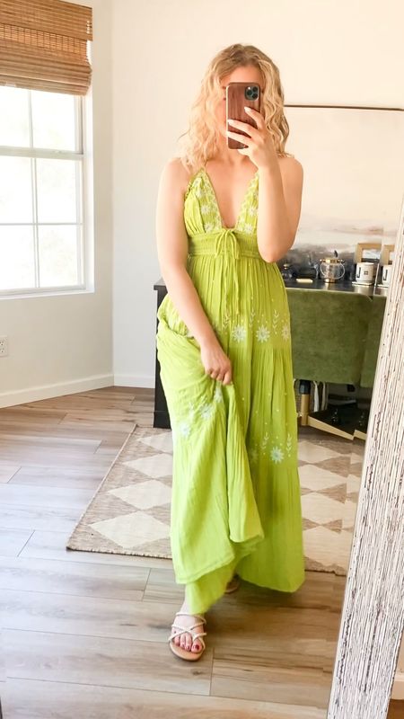 Green maxi dress. Free people dress. Summer dress. Vacation dress. Special occasion dress. 

Runs a tad big, I sized down 1 to an Xsmall. Stretchy waist and adjustable halter tie makes it easier to get the perfect fit! 

#LTKSummerSales #LTKSeasonal #LTKWedding
