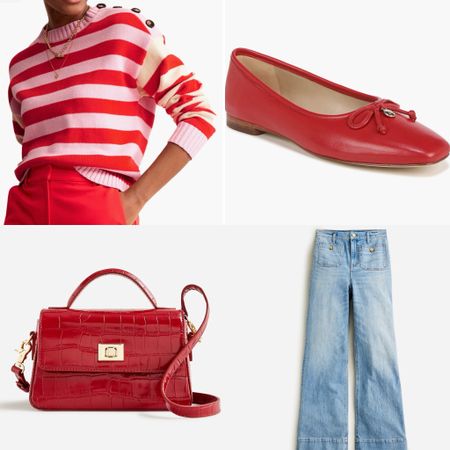 Love a pop of red in an outfit! It looks so good with jeans, neutrals and white!

#springoutfit #traveloutfit #springbag #handbags #flats #heels #loafers #widelegjeans 

#LTKover40 #LTKshoecrush