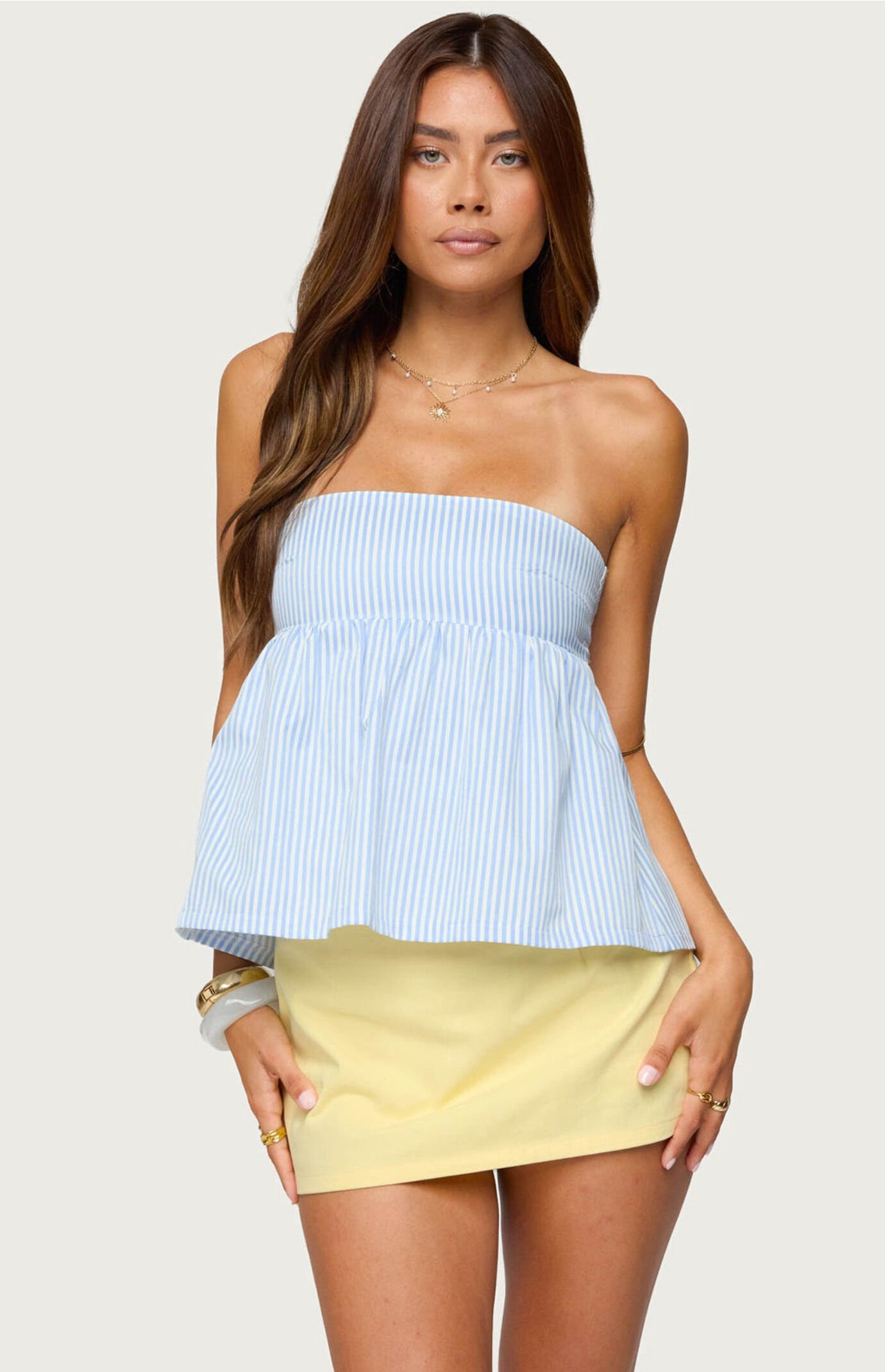 Edikted Women's Maddie Strapless Striped Babydoll Top in Light Blue - Size Small | PacSun