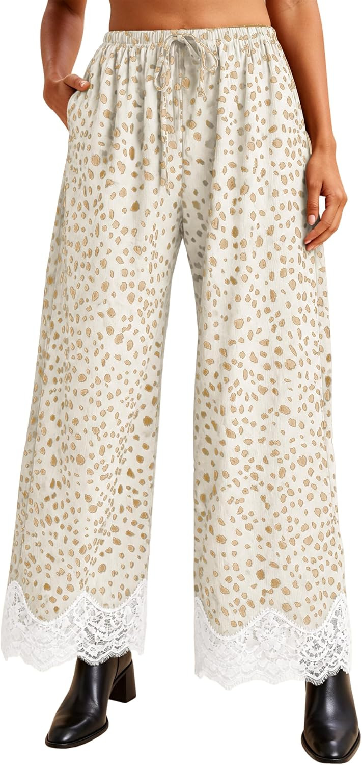 Womens Deer Spot Print Wide Leg Pants Lace Hem Trousers | Amazon (US)