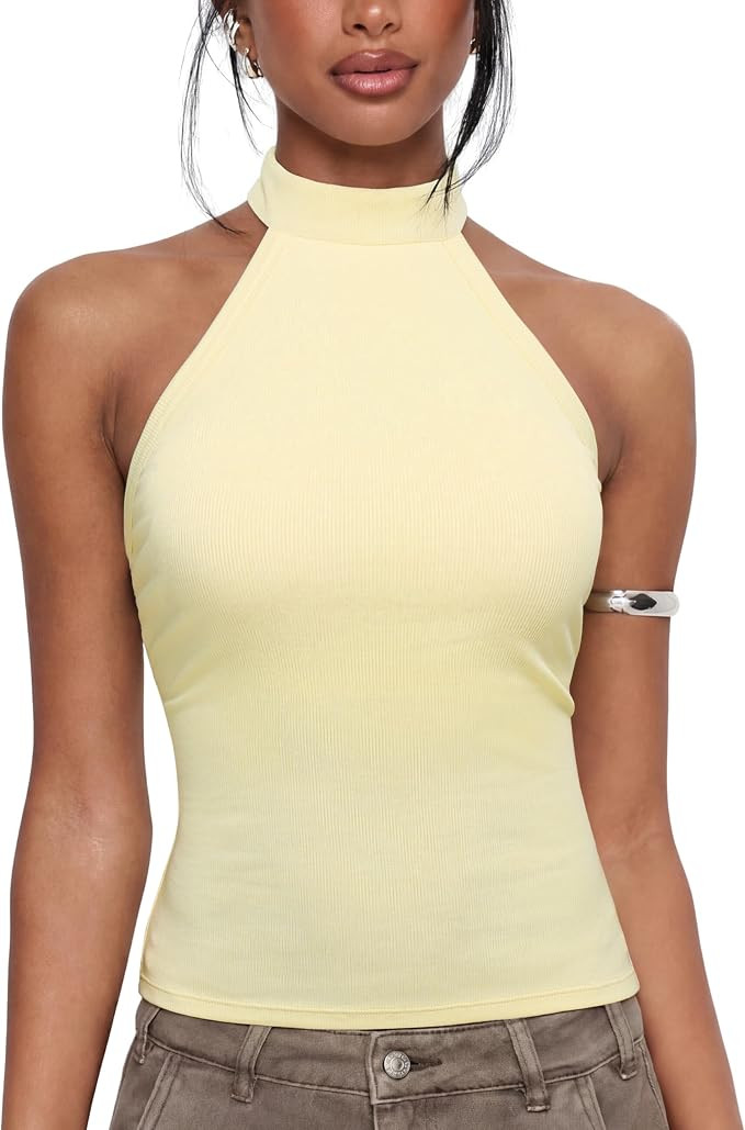 SUUKSESS Halter Tops for Women Open Back Tank Tops High Neck Backless Top | Halter Top with Built... | Amazon (US)