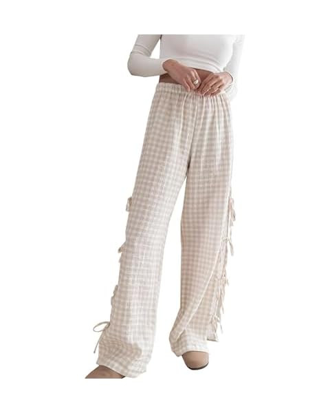 Women Gingham Pants Bow Tie Side Split Wide Leg Pants Y2k Plaid Lounge Trousers Summer Going Out ... | Amazon (US)