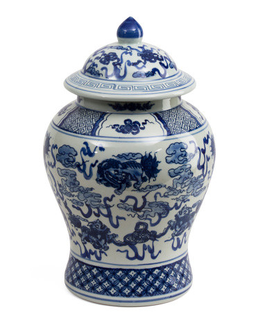 12x19 Porcelain Playing Foo Dogs Temple Jar With Lid | TJ Maxx