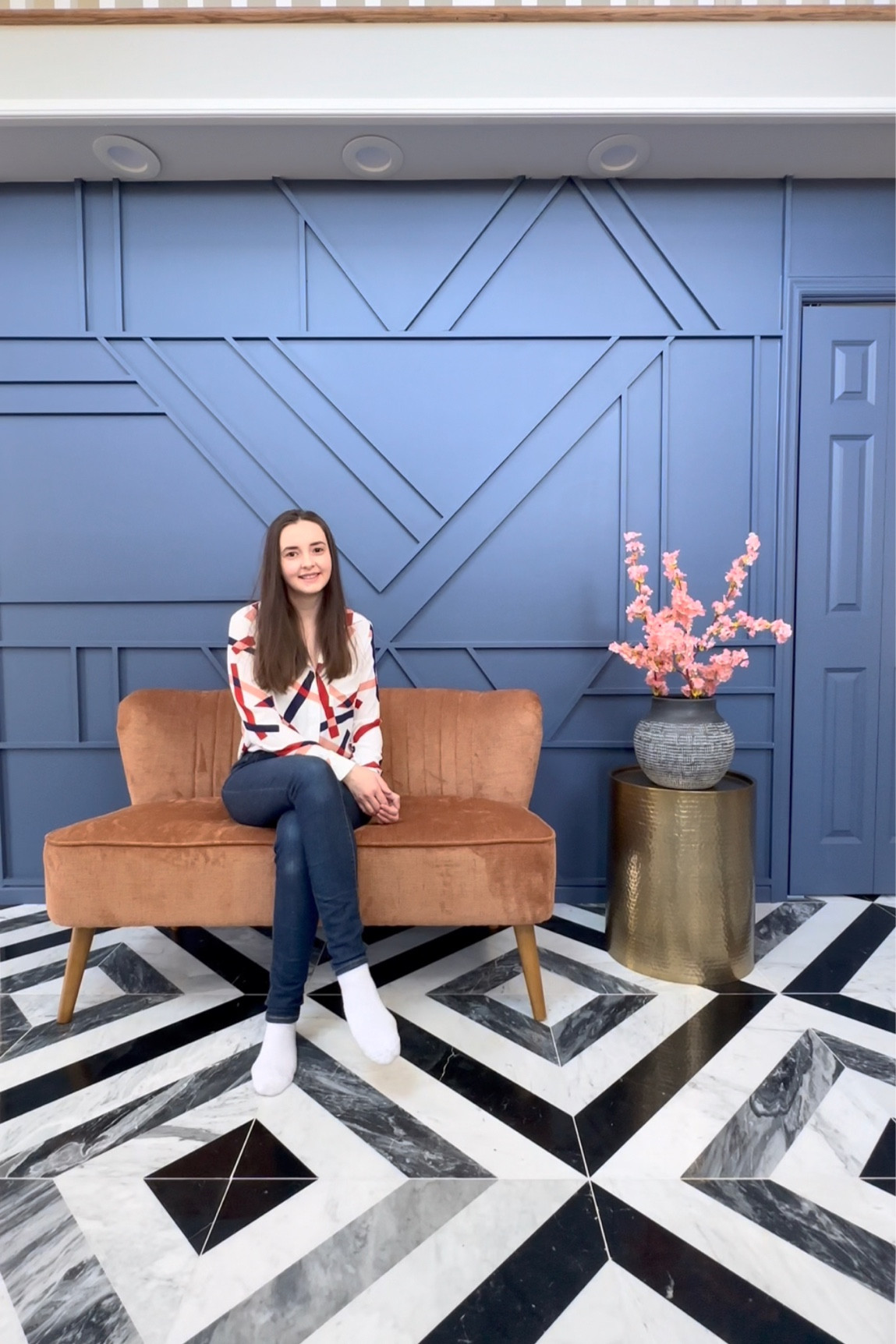 Foyer decor. Accent bench. Pottery Barn. Decorative vase. Drum coffee table. Gold coffee table. Target. Amazon. Cherry blossom. Floral stems. Faux cherry blossom stems. Accent wall.