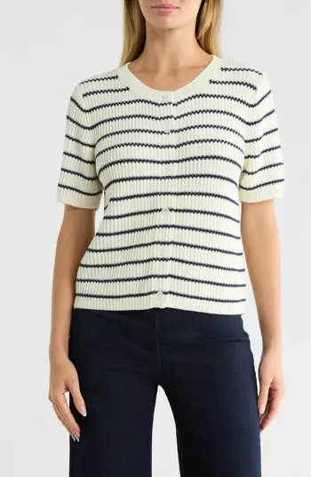 Splendid Devon Short Sleeve Cotton Cardigan in Shell Ivory/Mood Indigo Blue at Nordstrom Rack, Size Medium | Nordstrom Rack