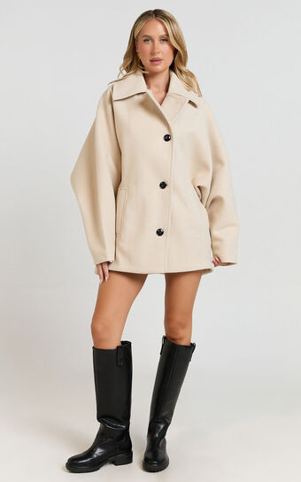 Claudia Coat - Oversized Three-Button Front Closure Coat in Beige | Showpo (ANZ)