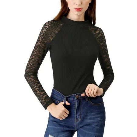 Allegra K Juniors Mock Neck Lace Long Sleeves Ribbed Fitted Casual Blouse | Walmart (US)