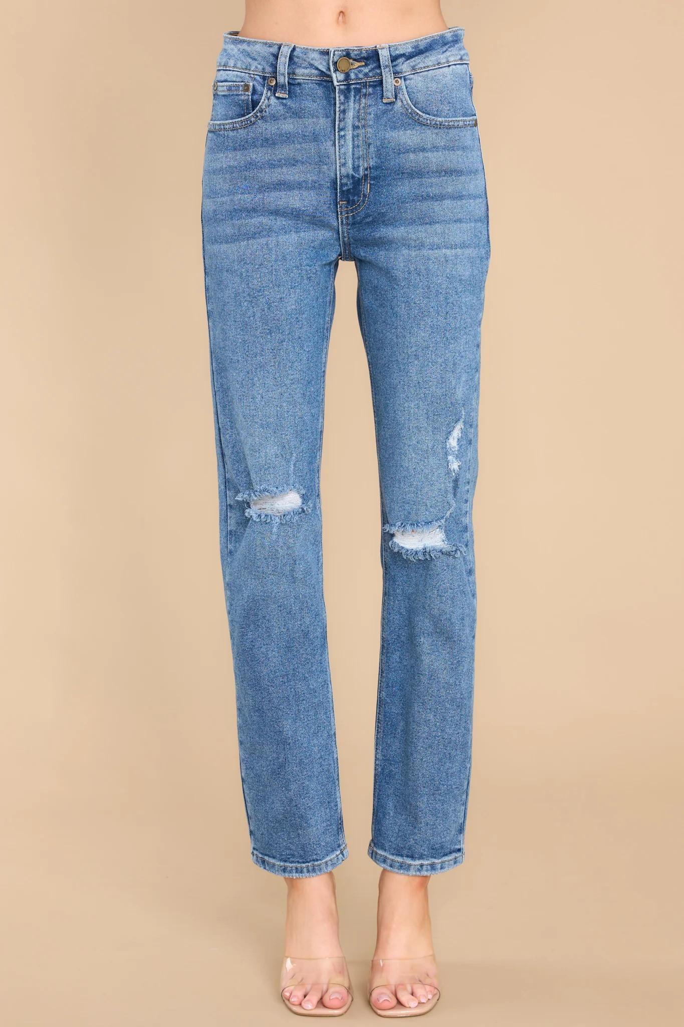 All The Rage Medium Wash Distressed Straight Jeans | Red Dress 