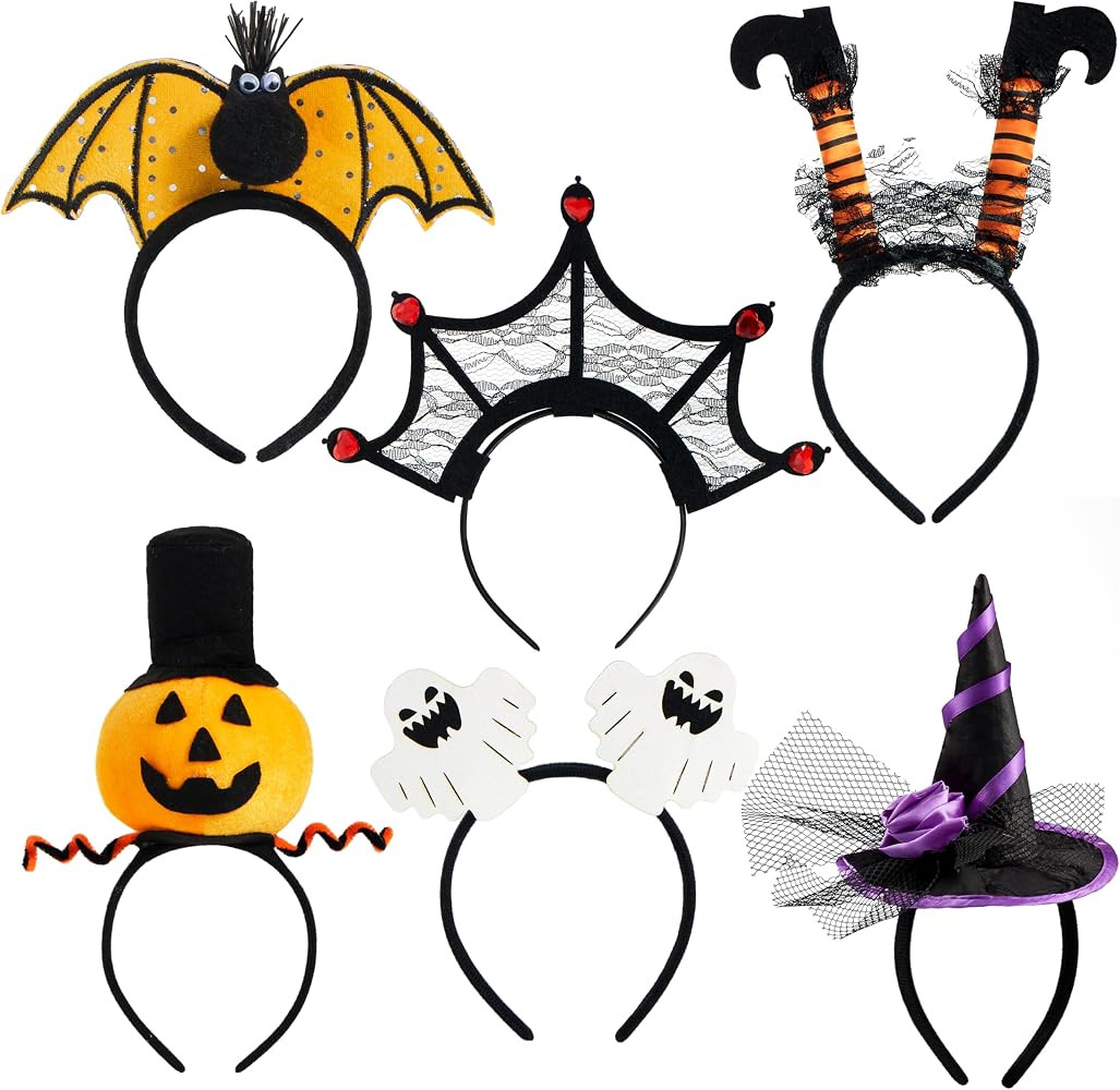 JOYIN 6 Pcs Halloween Headbands Pumpkin, Bat, Witch, Ghost, Witch Legs, Spider Web for Halloween Party, Costume, Trick or Treating, Cosplay Decoration (One Size Fit All) | Amazon (US)