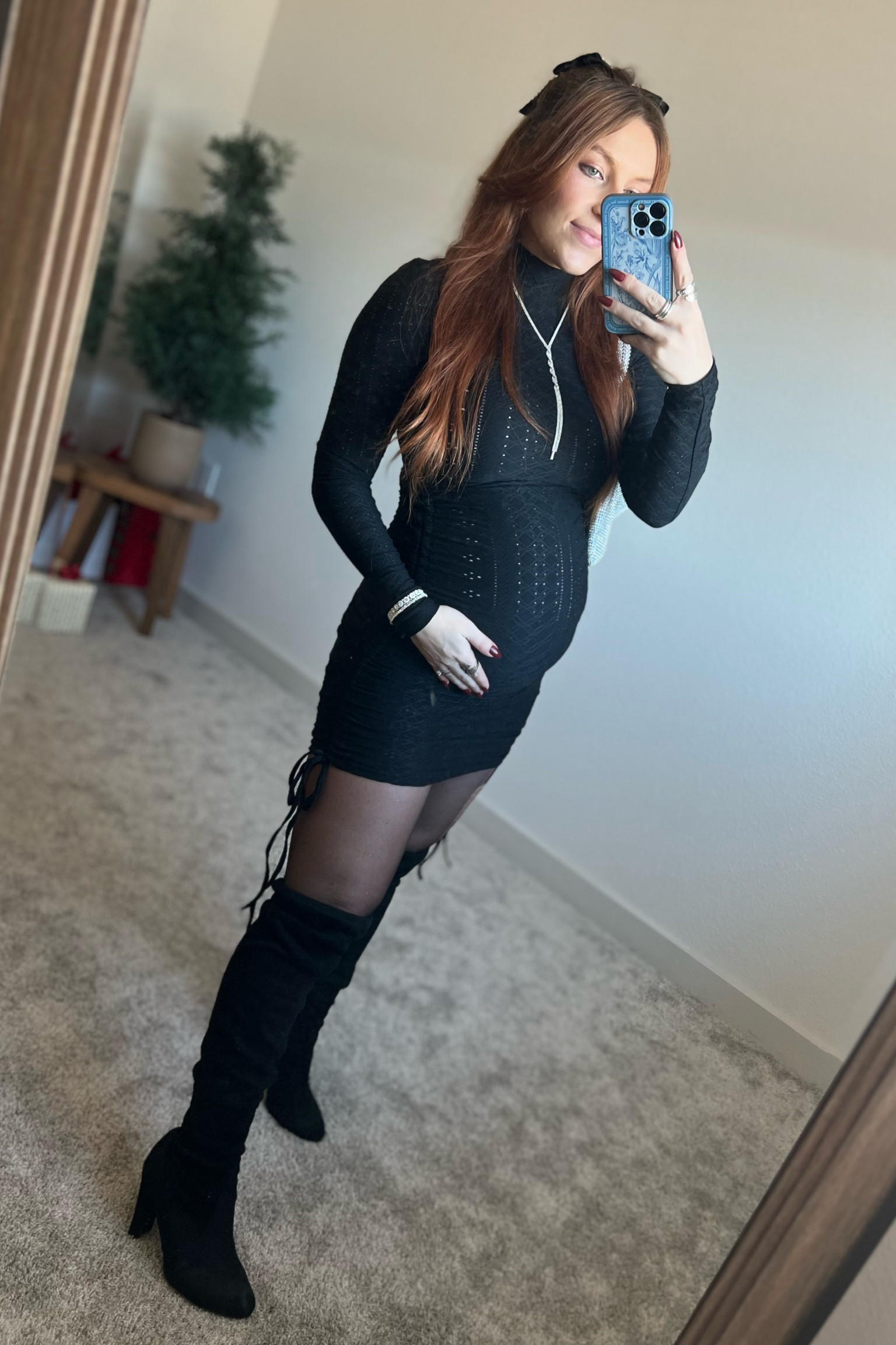 Holiday Outfit - Maternity Outfit- Walmart Black Mini Dress - Walmart Tights - DSW Knee High Heeled Boots - Altar’d State Rhinestone Necklace - Shein Hair Bow - Silver Knot Purse - Maternity 

#LTKstyletip #LTKSeasonal #LTKbump