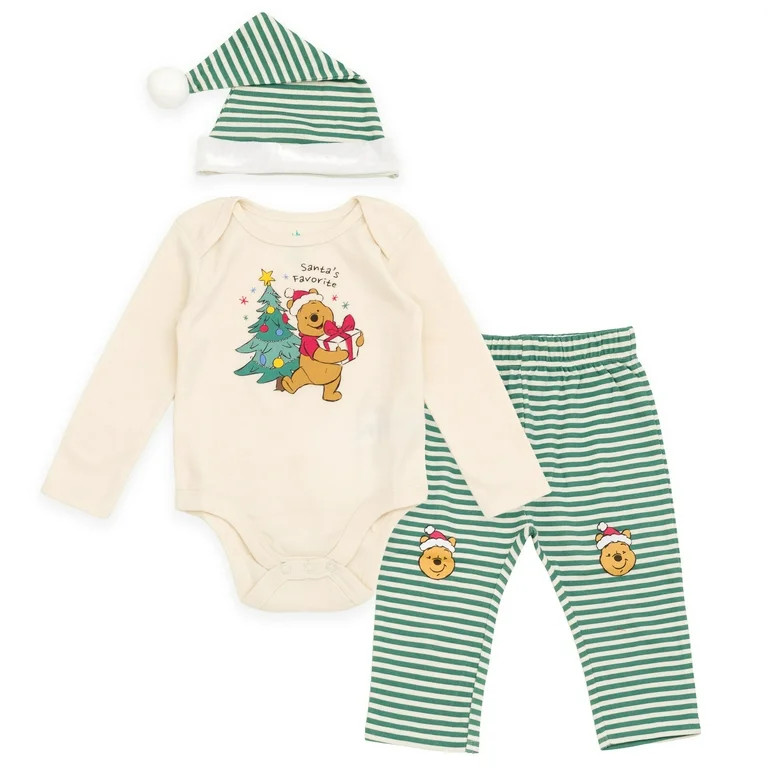 Disney Winnie the Pooh Christmas Bodysuit, Pants and Velour Hat 3 Piece Outfit Set Newborn to Inf... | Walmart (US)