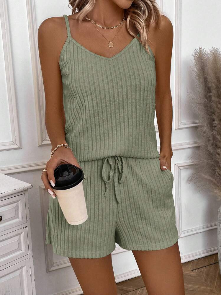 EMERY ROSE Women Summer Casual Solid Color Two Pieces Set With Spaghetti Strap Top And Shorts | SHEIN