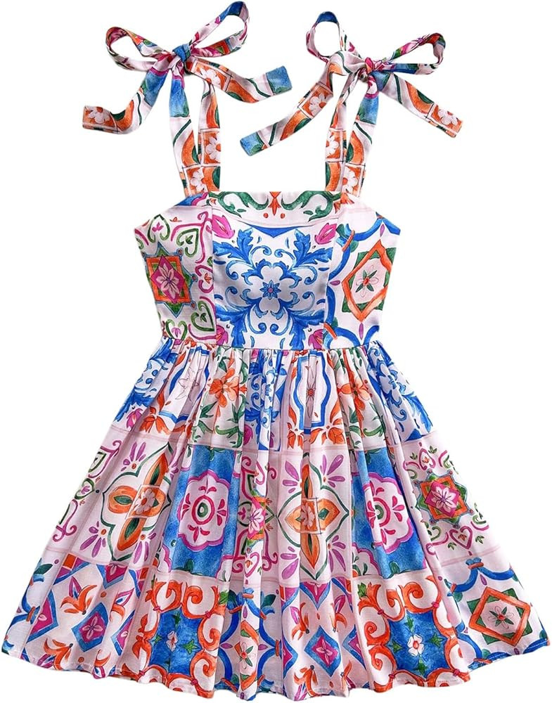 Floerns Women's Summer Floral Print Tie Shoulder Cami Dress Flare Hem Boho Mini Dress | Amazon (US)