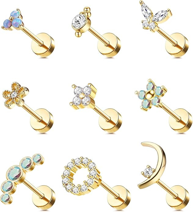 Florideco 9Pcs 16G Cartilage Stud Earring for Women 316L Stainless Steel Screw Flat Back Earrings... | Amazon (US)