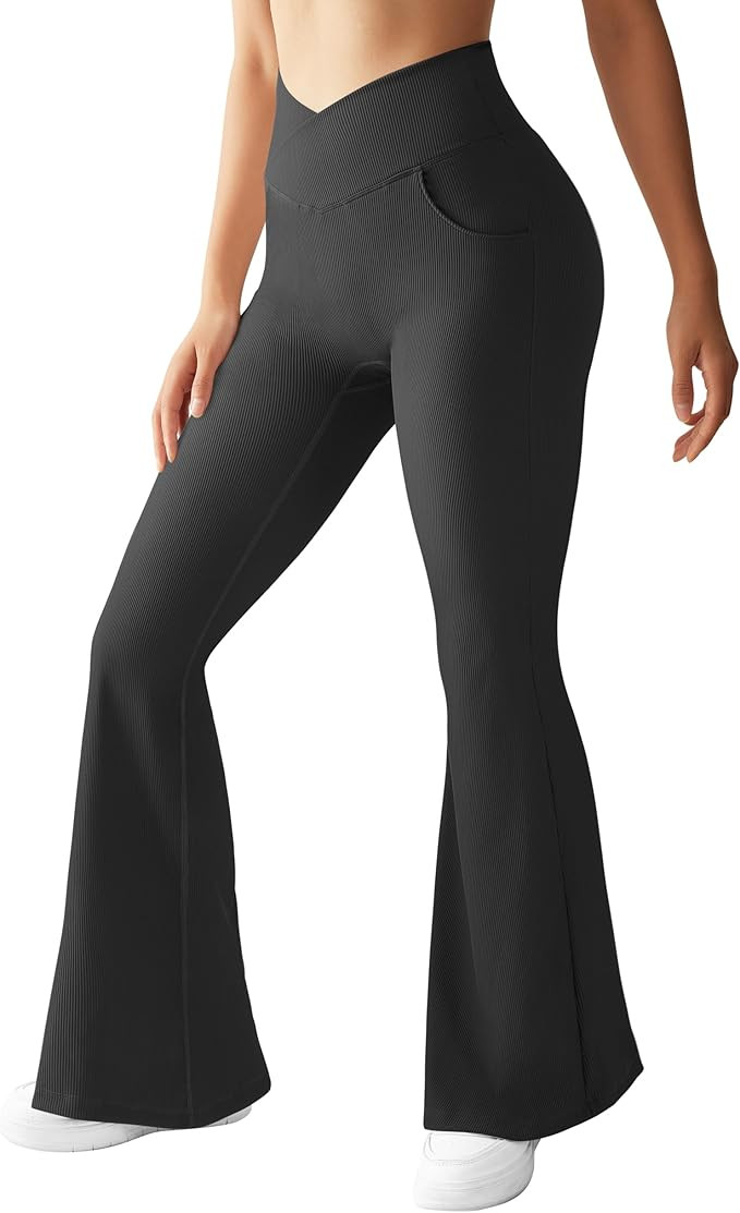 OMKAGI V Waist Flare Leggings for Women Tummy Control Wide Leg Yoga Pants with Pockets | Amazon (US)