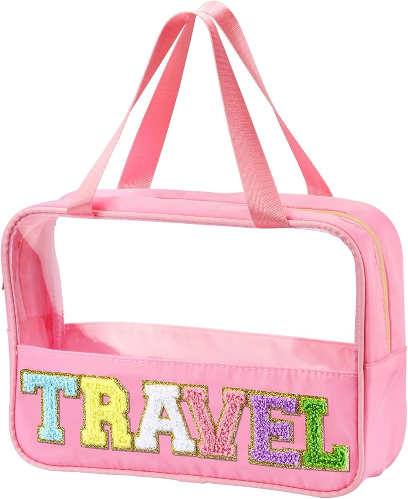 Chenille Letter Patch Clear Travel Bags, Preppy PVC&Nylon Makeup Bag with Handle and Zipper, Wate... | Amazon (US)