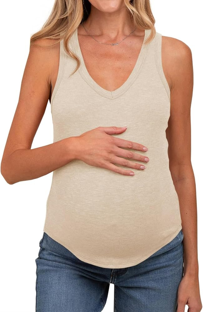 Tankaneo Womens Maternity Tank Tops Sleeveless V Neck Ribbed Knit Shirts Fitted Summer Casual Cur... | Amazon (US)