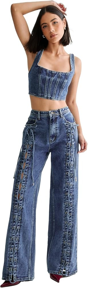 Nasty Gal Women's Lace Front Detail Jean | Amazon (US)