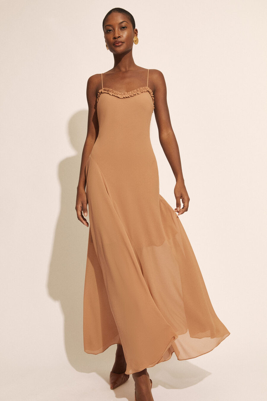 tatian frill trim maxi dress in tan | Bardot (US)