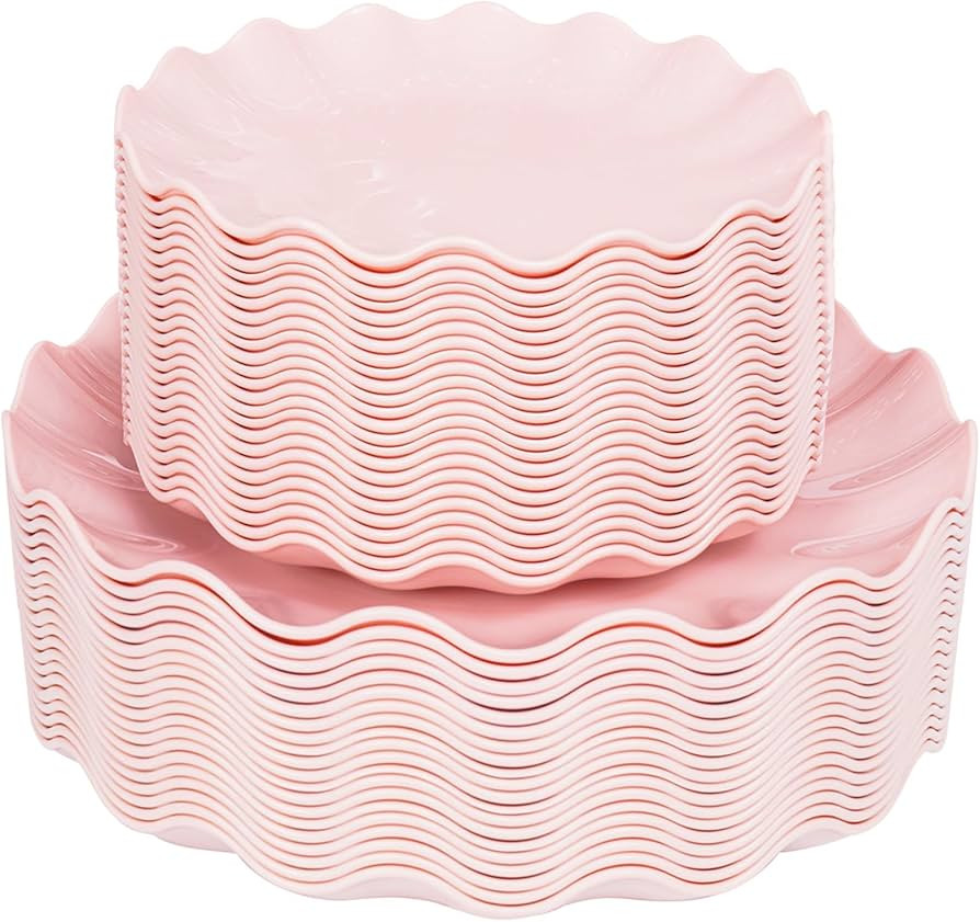 LIYH 50 Pcs Pink Plastic Plates Reusable - Durable and Dishwasher Safe Baby Shower Plates Wavy Da... | Amazon (US)