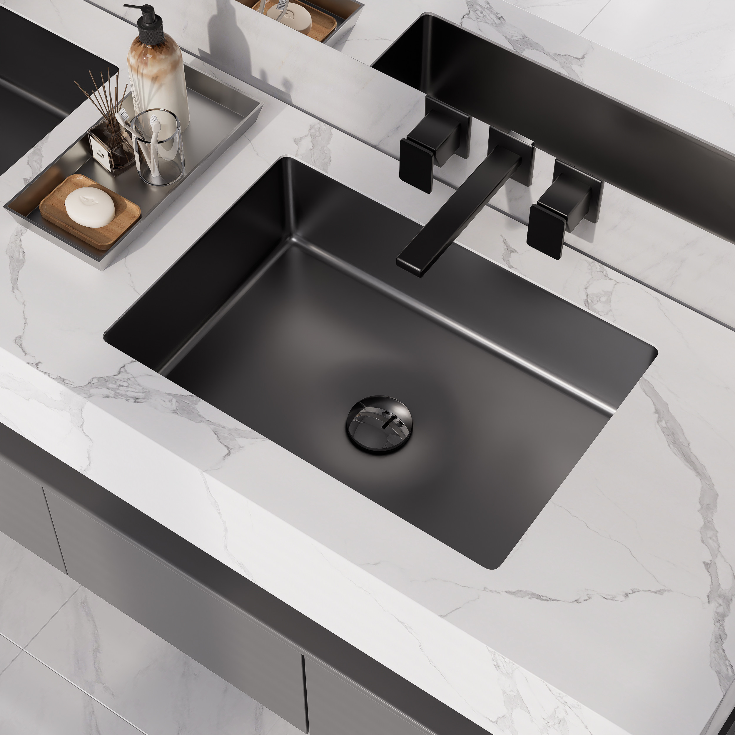 Black Modern Stainless Steel Rectangular Sink Undermount Bathroom Wash Sink | Homary