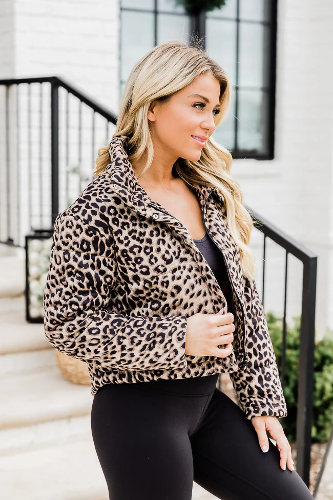 Make You Believe Brown Cropped Animal Print Puffer Jacket | Pink Lily