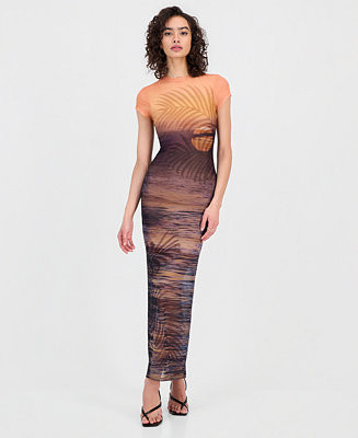 GUESS Women's Short-Sleeve Beach Sunset Mesh Maxi Dress - Macy's | Macy's