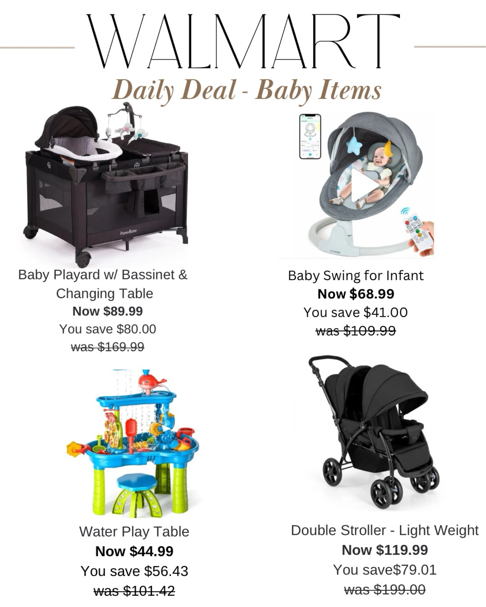 Flash Deals at Walmart!! 

Baby items | newborn | mom | women over 30 | pregnant moms | water play table | double stroller | baby swing | rocker | infant crib 

#LTKBaby #LTKSaleAlert #LTKBump
