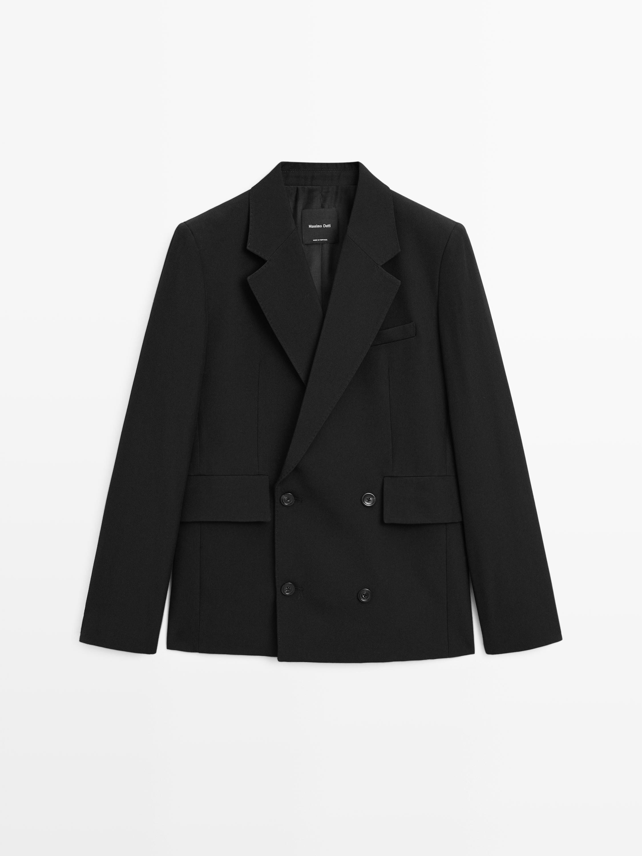 Cropped wool blend double-breasted blazer | Massimo Dutti UK