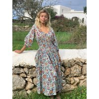 Ibiza Boho Dress, Maxi Long Bohemian Dress Made in Hand Block Printed Joyful Sun Flower Print, Plus Size | Etsy (US)