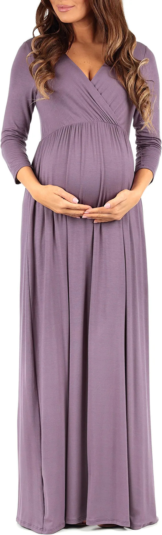 Mother Bee Maternity V-Neck 3/4 Sleeve Ruched Waist Dress | Amazon (US)