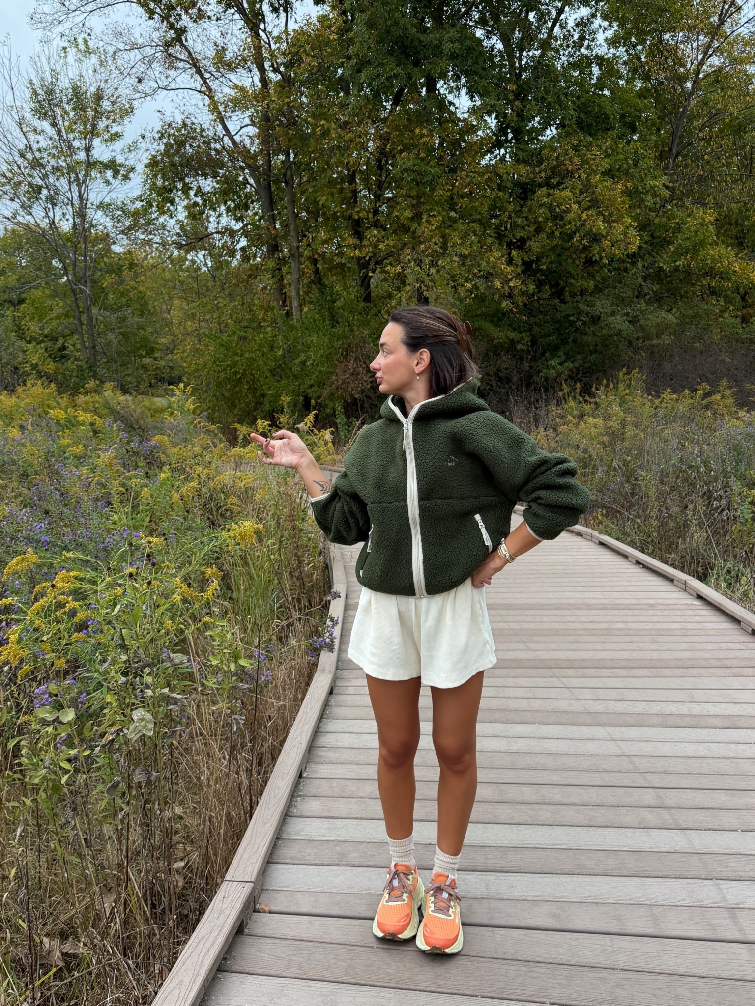 Fleece is a couple years old but linked current version! Wearing size small and XS/S shorts!