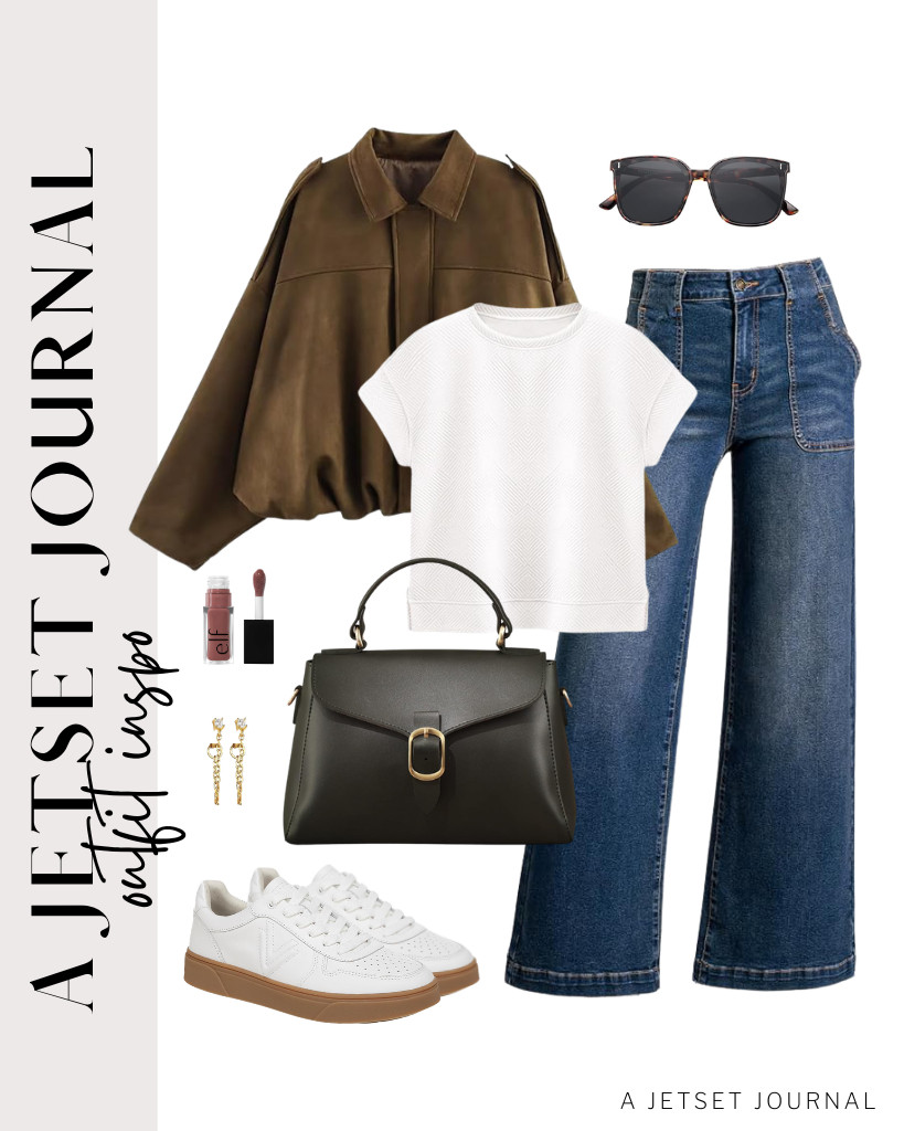 I am currently obsessed with this white top, jeans, and an oversized faux suede jacket trio. For footwear, a pair of Vionic Kimmie Court Sneakers suits this look. To finish the look, apply an e.l.f. Glow Reviver Lip Oil. 

 #LTKSeasonal #LTKSaleAlert #LTKTravel