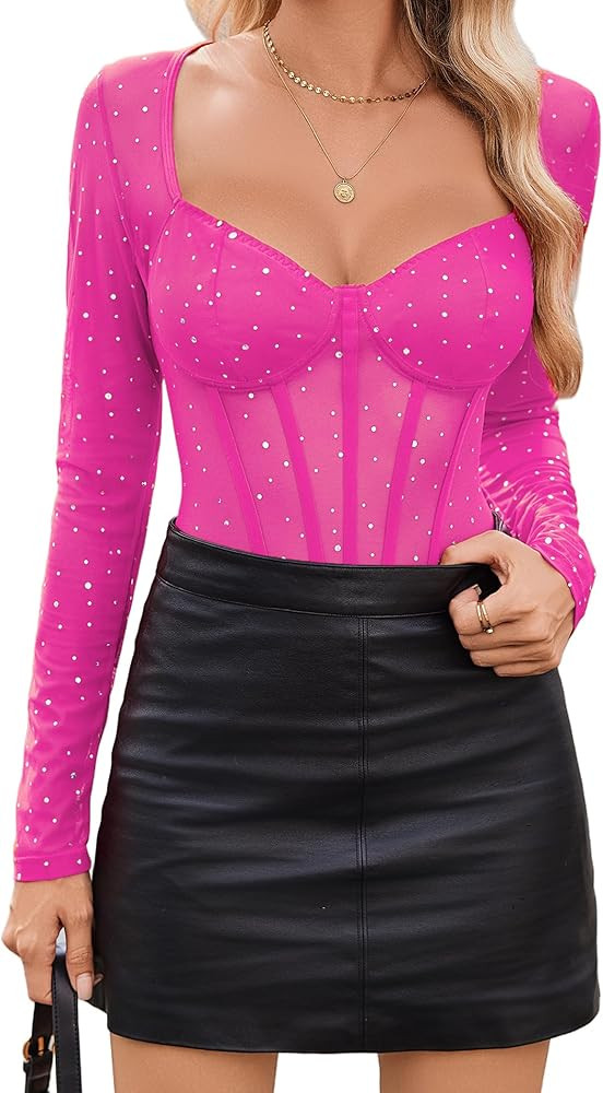 Avidlove Women Long Sleeve Bodysuit Sparkle Body Suits Top Mesh One Piece Leotard Shirt Going Out... | Amazon (US)
