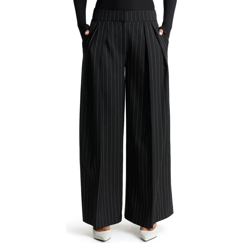 Naked Wardrobe Pinstripe Wide Leg Pants in Black at Nordstrom, Size Small | Nordstrom